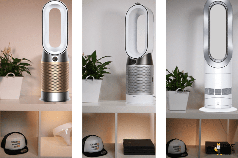 Unterschiedliche Dyson Heizlüfter stehen im Test und Vergleich nebeneinander